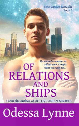 Book cover image for Of Relations and Ships (New Canton Republic, book 7) with man standing in front of otherworldly city