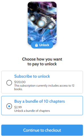 Screenshot showing bundle price of $2.99 to unlock 10 chapters of Mage in Love for reading on Laterpress