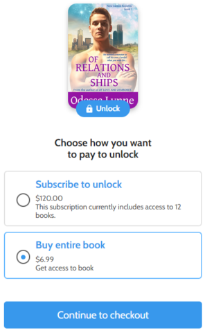 Screenshot showing price of $6.99 to unlock or download entire book Of Relations and Ships for reading on Laterpress