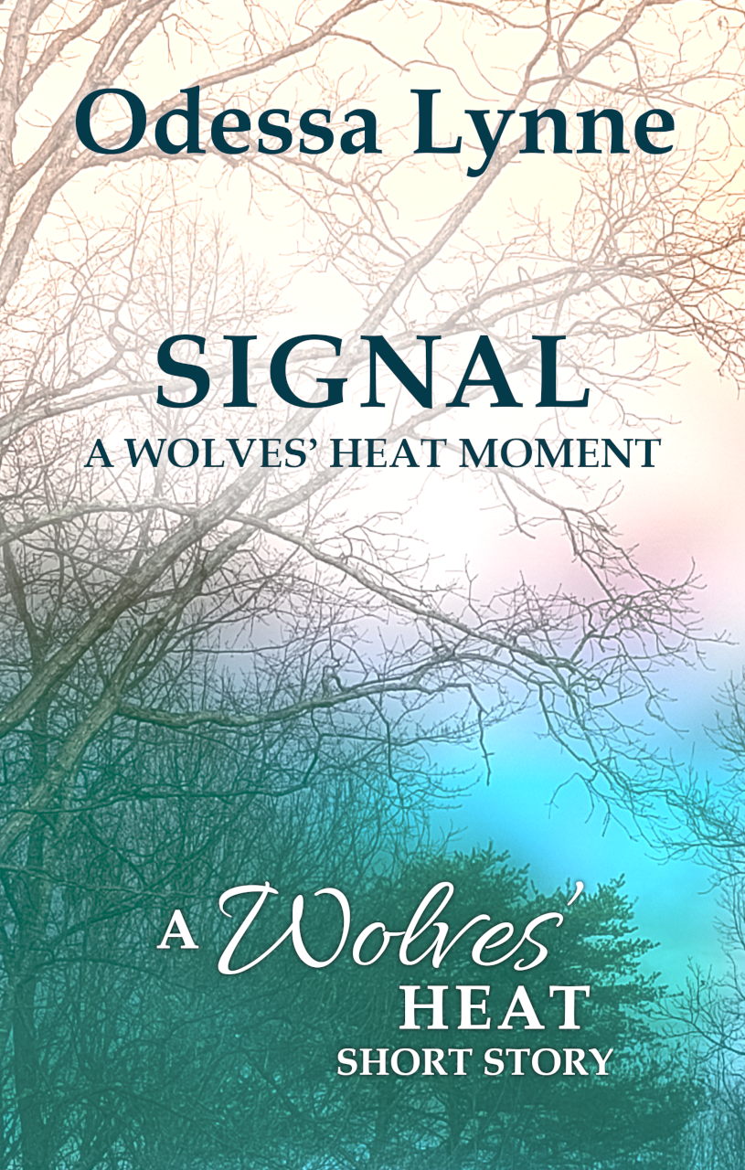 Cover art of moody forest in soft colors for Signal: A Wolves' Heat Moment by Odessa Lynne