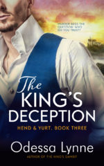 Book cover for The King’s Deception, an image of a man in front of a fantasy palace