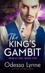 Book cover for The King’s Gambit, an image of a man who looks sneaky in front of a fantasy palace