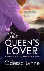 Book cover for The Queen’s Lover, an image of a man hunkered down in front of a fantasy palace